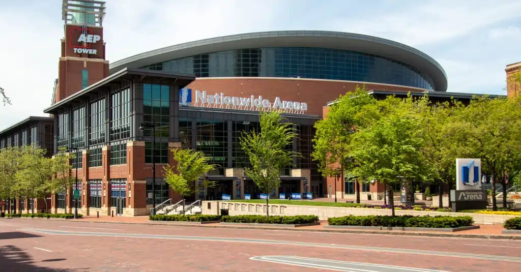 Security camera view inside a hockey arena using AI-based people detection